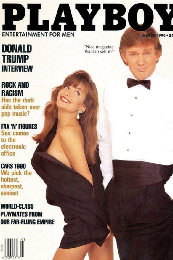 The cover of the March 1990 magazine featured Donald Trump, who some have branded a political version of the magazine’s founder Hugh Hefner.