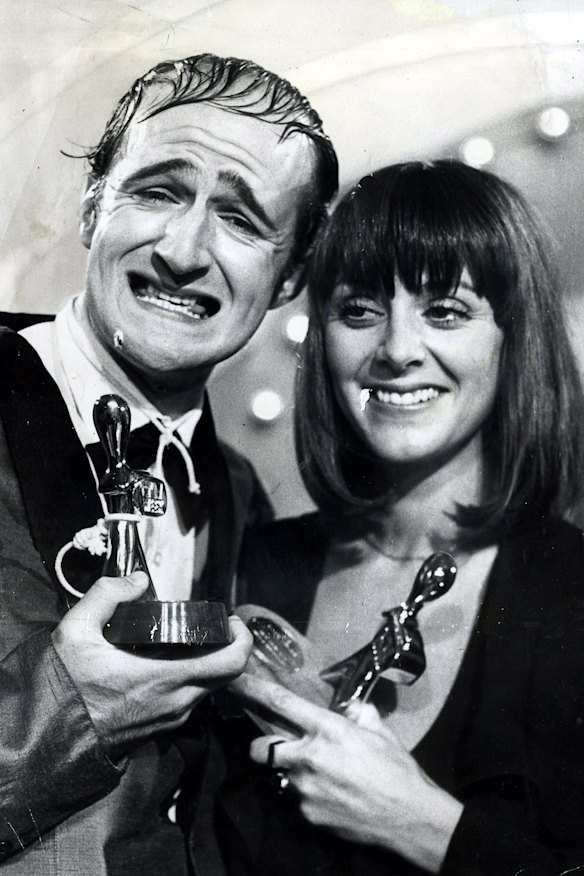 Norman Gunston (alias Garry McDonald) with Denise Drysdale after his 1976 Logie win.
