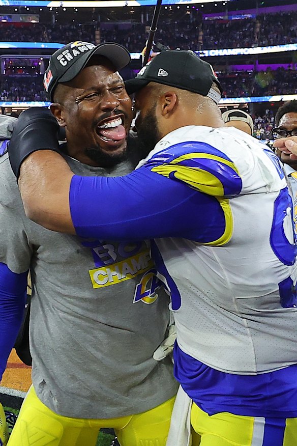 Von Miller and Aaron Donald of the Rams embrace.