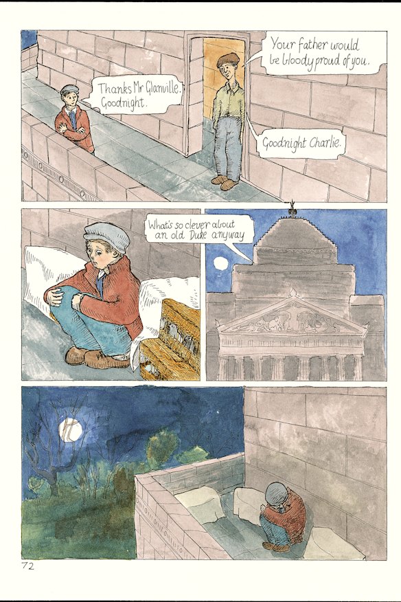 Laura J. Carroll’s drawing of a boy sleeping over at the Shrine to mind the pigeons before its 1934 opening.