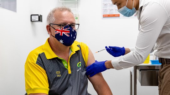Prime Minister Scott Morrison receiving the COVID-19 vaccine on February 21, the first day of the program.