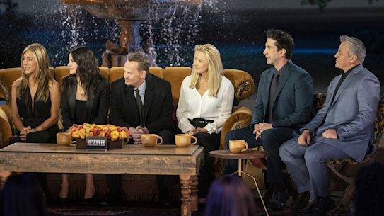 Friends, the reunion: James Corden with Jennifer Aniston, Courteney Cox, Matthew Perry, Lisa Kudrow, David Schwimmer and Matt LeBlanc. 