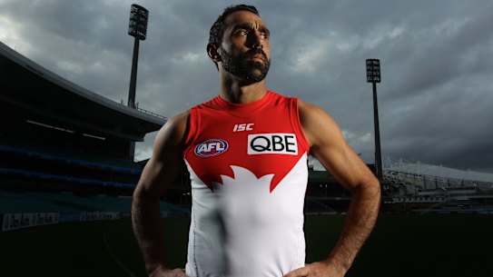  Adam Goodes posing after a training session in September 2012.