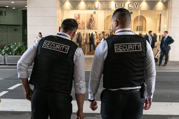 Security guards at Westfield Bondi Junction wore protective vests in a new security initiative after Saturday’s attack.