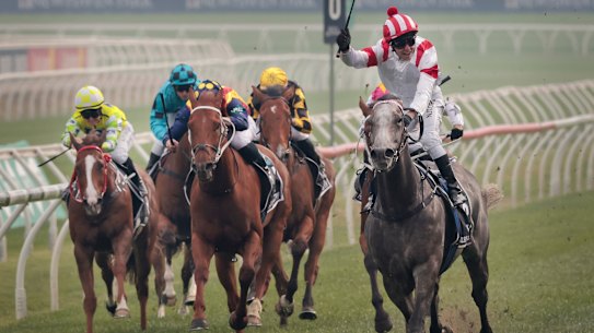 Kerrin McEvoy salutes as Classique Legend bolts away with The Everest last year.