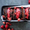 Dark chocolate, olive oil and sea salt brownie with raspberry sorbet. Ice-cream sandwiches for Good Food November 2018. Please credit Katrina Meynink.