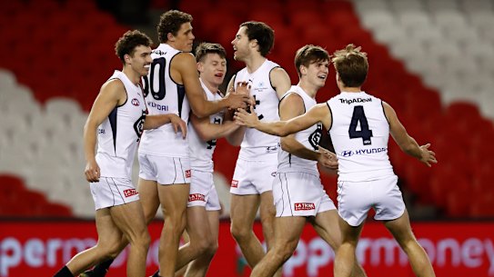 MELBOURNE, AUSTRALIA - JULY 30: Paddy Dow of the Blues celebrates a goal  during the round 20 AFL match between St Kilda Saints and Carlton Blues at Marvel Stadium on July 30, 2021 in Melbourne, Australia. (Photo by Darrian Traynor/Getty Images)