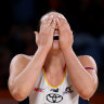 Lightning keeper Ashleigh Ervin expresses her frustration during Saturday night’s controversial Super Netball match against the Giants.