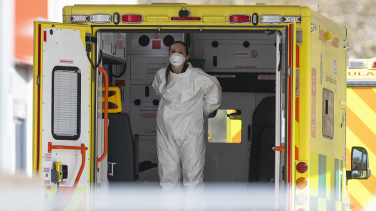 A London ambulance worker is seen at St Thomas' Hospital.