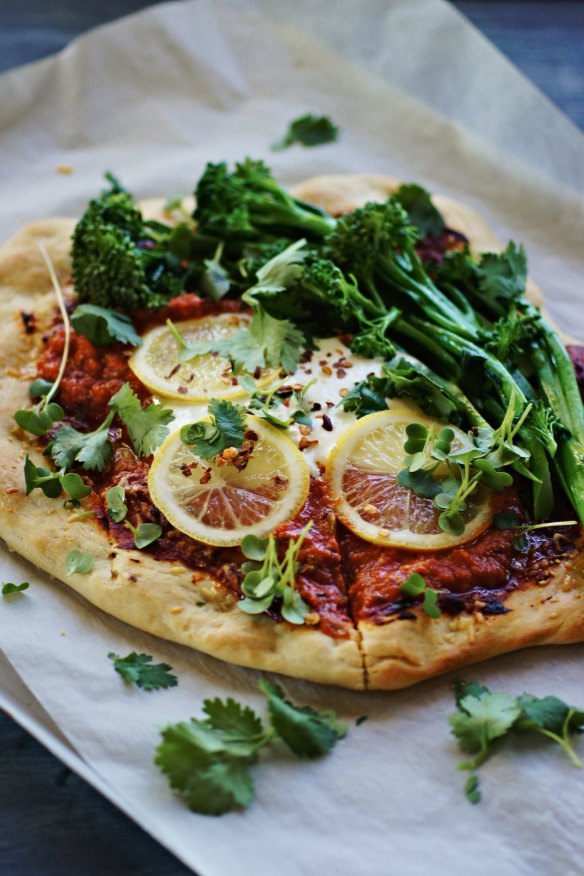 Pizza topping with a difference: Harissa, broccolini and lemon.