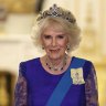 Queen Camilla wearing the sapphire tiara, necklace and earrings at a Buckinham House state dinner for South African President Cyril Ramaphosa. the tiara was last worn by Queen Elizabeth in public at a state dinner for Colombian President Juan Manuel Santos in 2016.