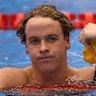 Sam Short reacts to his heat time in the Men’s 400m freestyle.