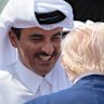 Trump speaks with Emir of Qatar Tamim bin Hamad al Thani (left) and Prime Minister Mohammed bin Abdulrahman bin Jassim Al Thani (right) as he leaves Al Udeid Air Base in May.