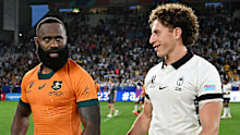 Semi Radradra of Fiji speaks with Mark Nawaqanitawase of Australia in Saint-Étienne.