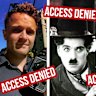 A composite image of Australian writer Alistair Kitchen, film director and actor Charlie Chaplin, and musician John Lennon with the words “access denied” superimposed across the composite.