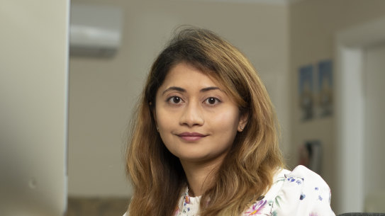 Pan Sandar Myint works from her home in Yagoona in her garage.