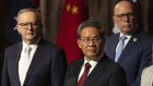 Anthony Albanese and Peter Dutton with Chinese Premier Li Qiang at Parliament House last week. 