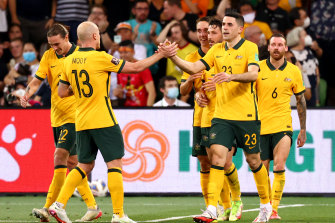 Rogic celebrates Australia’s second goal. 