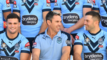 Coach Brad Fittler with NSW stars Nathan Cleary and James Tedesco during the 2021 series.