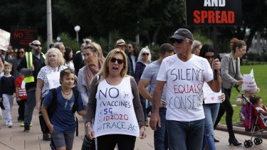 Protesters at an anti-vaccination, anti-5G rally in Sydney in May.