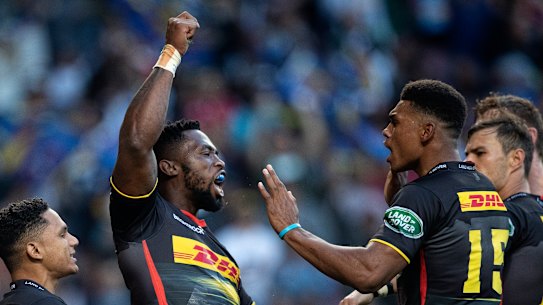 Stalemate: Stormers captain Siya Kolisi celebrates a try in the draw against the Crusaders.