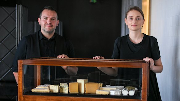 Renato Pagliardi and Bronte Millington presenting Vue de Monde's all-Australian cheese trolley. 