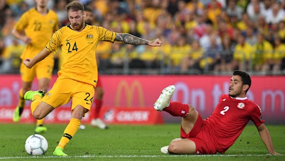 Martin Boyle (left) scores against Lebanon during the International friendly match between Australia and Lebanon at ANZ Stadium.
