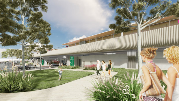 The new station design is inspired by the metal fluting on Transperth trains. 
