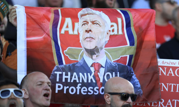 Arsenal fans thank outgoing manager Arsene Wenger at Huddersfield Town on Sunday.