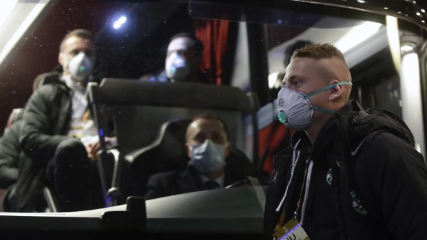 Players from Bulgarian team Ludogorets get on a coach heading for the San Siro Stadium in Milan.