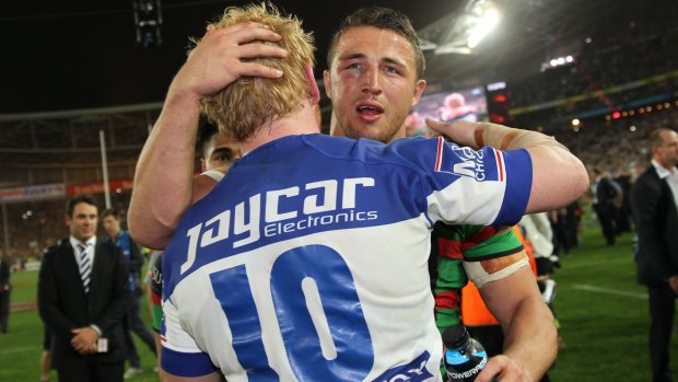 Great Britons: Sam Burgess and James Graham embrace after the 2014 grand final.