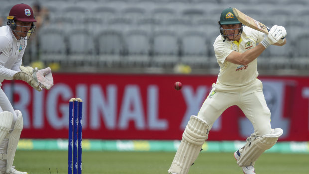 Marnus Labuschagne bats on day two. 