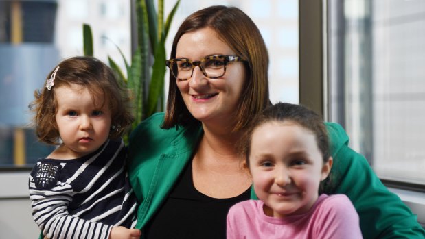 New Education Minister Sarah Mitchell with her daughters Matilda (1), and Annabelle (5).