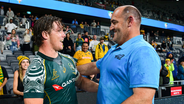 Wallabies captain Michael Hooper is surprised by Ledesma after last year’s Test in Sydney. 