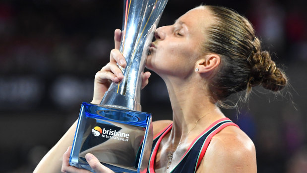 Happy hunting ground: Pliskova celebrates with the Brisbane trophy.