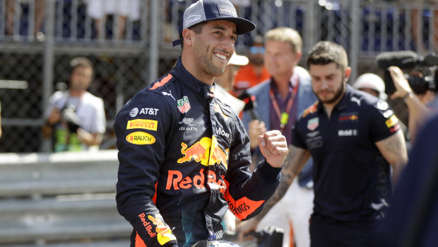 Ricciardo celebrates his pole position in Monaco. 