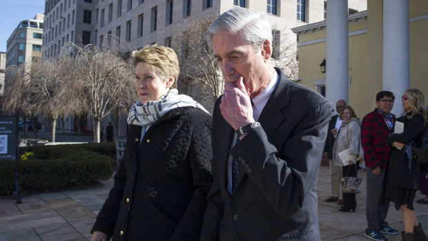 Special Counsel Robert Mueller and his wife Ann depart St John's Episcopal Church, across from the White House.