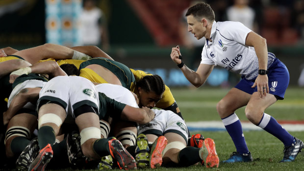 Work in progress: Referee Paul Williams watches as a scrum collapses at Ellis Park.
