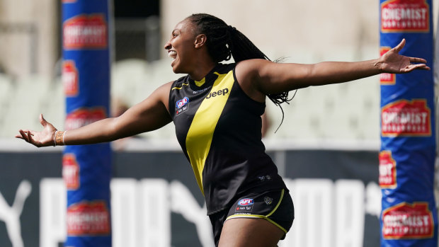 Hot shot: Sabrina Frederick gave Richmond something to celebrate after scoring a eye-catching goal against North Melbourne.