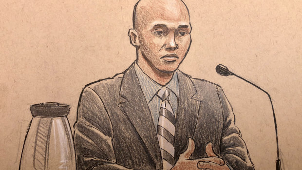 This courtroom sketch depicts former Minneapolis police officer Mohamed Noor, on the witness stand Thursday.