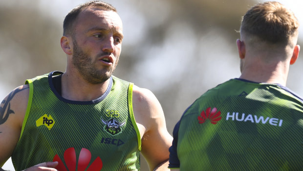 Josh Hodgson (left) trains with the Raiders in Canberra on Wednesday. 