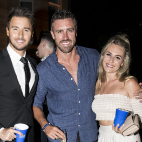 Bachelor and Bachelorette rejects Michael Turnbull, Luke McLeod and Florence Moerenhout in 2018.