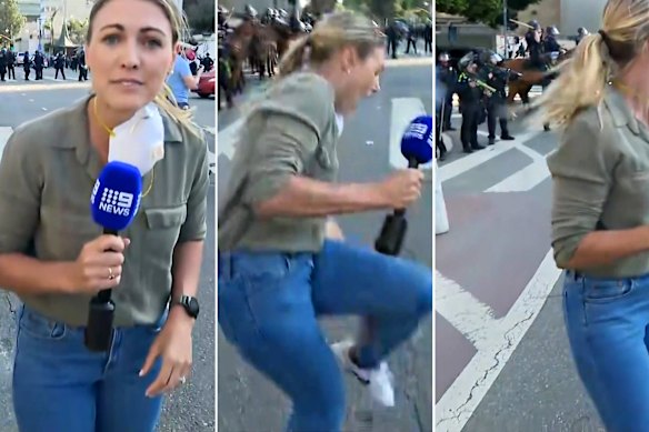 Nine News U.S. Correspondent Lauren Tomasi was hit by a rubber bullet while reporting on protests and riots in Los Angeles.