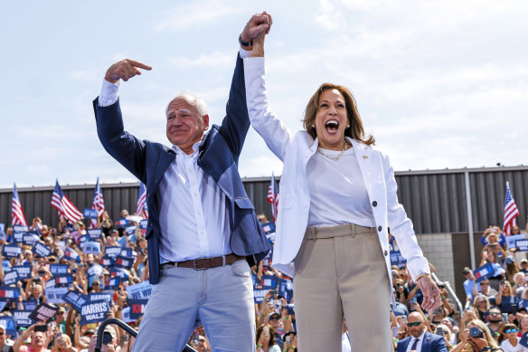 Democratic presidential nominee Kamala Harris and running mate Tim Walz at a campaign rally in Wisconsin.