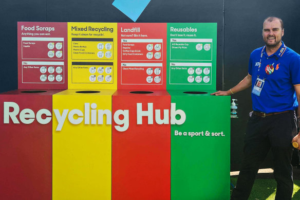 Matthew Nicholas, director of sustainability at Tennis Australia, with bins at the Australian Open.