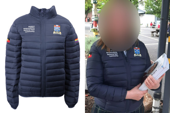 Cheltenham Secondary School’s new puffer jacket, featuring the Aboriginal and pride flags.