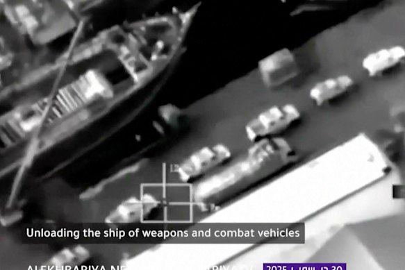 This frame grab from video broadcast by Saudi state television on December 30 shows what the kingdom describes as a shipment of weapons and armoured vehicles coming from the UAE, at Mukalla, Yemen. 