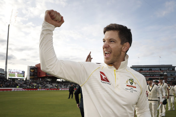 Australian captain Tim Paine celebrates retaining the Ashes in Manchester two years ago.