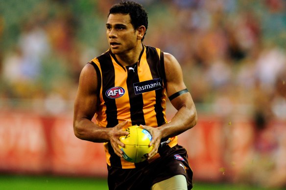 Cyril Rioli in full flight for the Hawks in 2012.