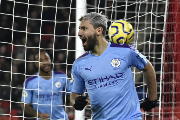 Manchester City's Sergio Aguero celebrates scoring in January.